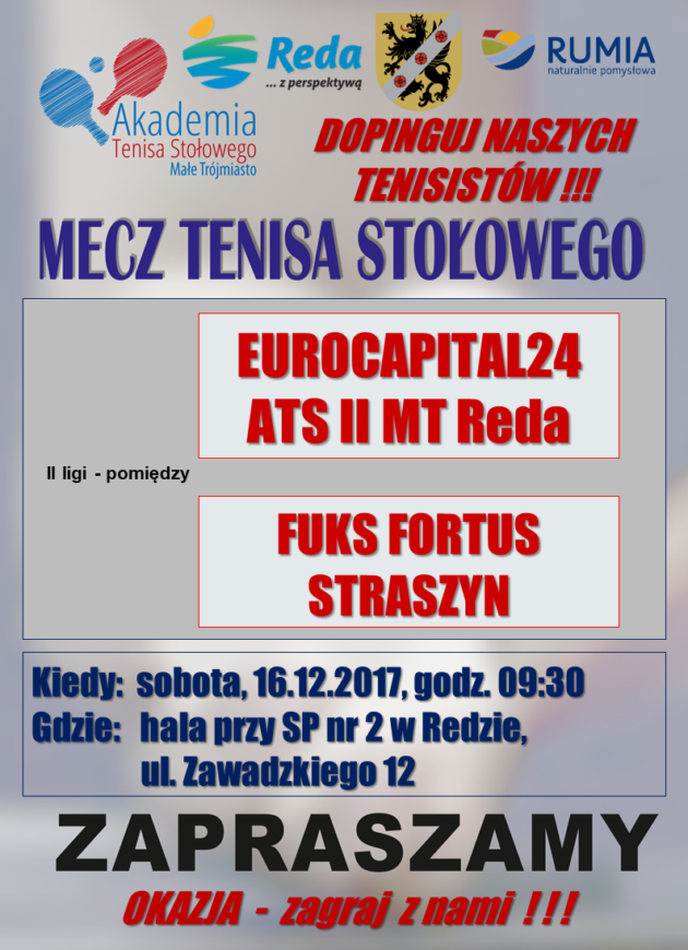 Zapraszamy w sobotę 16.12.17 na mecze 2 i 3 Ligi Tenisa Stołowego w SP 2